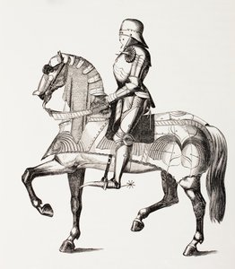 Cavaliere del XV secolo in armatura completa su un cavallo bardato